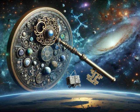 Realistic, high-definition image of a mission named 'Unlocking the Cosmos: Bold Bandwagon-2'. Let this mission be symbolized by a large, intricate key metaphorically 'unlocking' a cosmic background filled with stars, galaxies, and celestial bodies. The key itself should be beautifully designed with details representing scientific and astronomical symbols. Amidst the backdrop, there should be a bandwagon floating, symbolizing the daring nature of this space exploration mission.