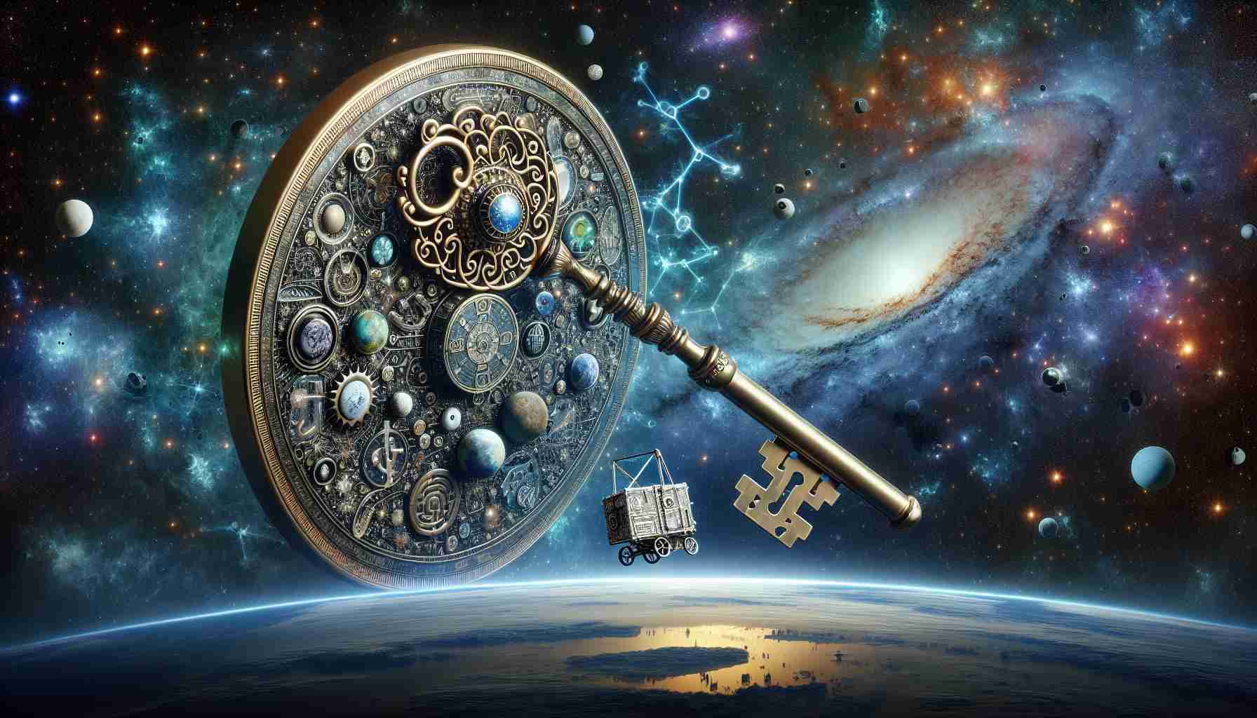 Realistic, high-definition image of a mission named 'Unlocking the Cosmos: Bold Bandwagon-2'. Let this mission be symbolized by a large, intricate key metaphorically 'unlocking' a cosmic background filled with stars, galaxies, and celestial bodies. The key itself should be beautifully designed with details representing scientific and astronomical symbols. Amidst the backdrop, there should be a bandwagon floating, symbolizing the daring nature of this space exploration mission.