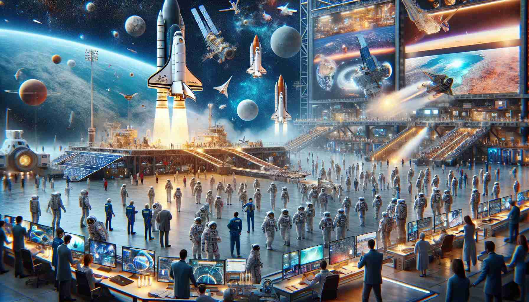 Imagine a realistic high-definition future scenario from the year 2025, featuring a detailed scene that represents the unprecedented progress and achievements in space exploration. Visualize astronaut suits with the latest technologies, state-of-the-art spacecrafts launching into space with innovative propulsion systems, a bustling spaceport with various nations' flags, large screens showing real-time space missions, and people of various genders and descents collectively working or observing with excitement and anticipation. There could also be a surreal, star-studded night sky backdrop with other celestial bodies like moons and planets clearly visible.