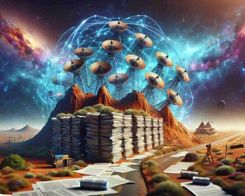 A vivid, high definition image symbolizing telecom regulations posing as an obstacle. Depict a network of interconnected satellites (representing Starlink) against the backdrop of deep space. Add an earthy, rugged terrain with indigenous wildlife and traditional architecture, representing Namibia. In the foreground, construct a symbolic roadblock with government papers and legal documents scattered, portraying regulatory challenges.