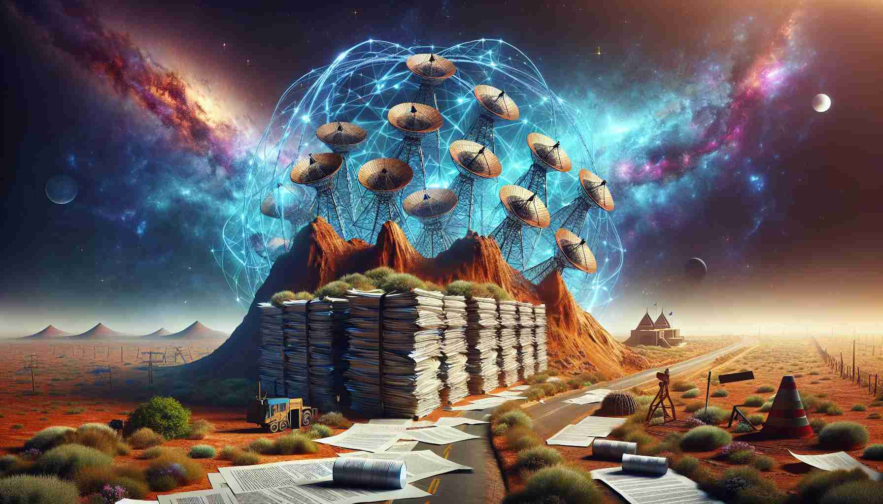 A vivid, high definition image symbolizing telecom regulations posing as an obstacle. Depict a network of interconnected satellites (representing Starlink) against the backdrop of deep space. Add an earthy, rugged terrain with indigenous wildlife and traditional architecture, representing Namibia. In the foreground, construct a symbolic roadblock with government papers and legal documents scattered, portraying regulatory challenges.