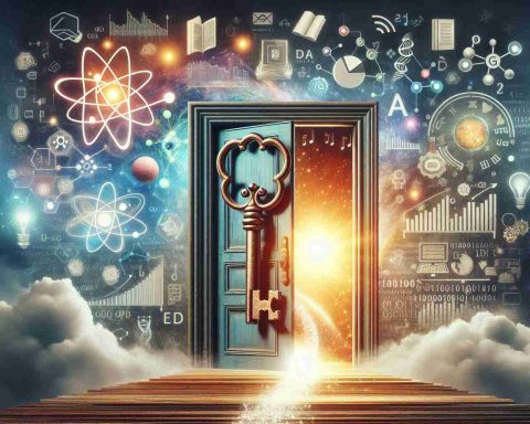 An image of a realistic HD composition that metaphorically depicts the future of education being unlocked. The scene should be a large, antique key made of shimmering light turning in a monumental door with symbols of academic knowledge - books, atom, DNA strand etc. - crafted into it. Additionally, surrounding the key, visualize the power of big data analytics, through symbols such as charts, graphs, binary code, and a massive cloud of interconnected data points. The color palette of the image should be full of hopes, using vibrant hues.