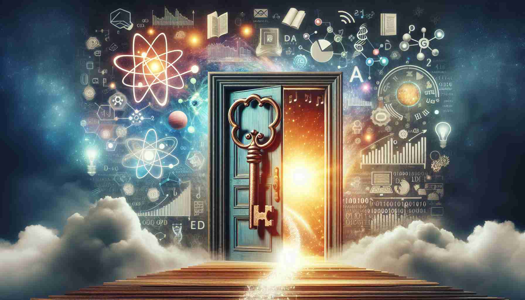 An image of a realistic HD composition that metaphorically depicts the future of education being unlocked. The scene should be a large, antique key made of shimmering light turning in a monumental door with symbols of academic knowledge - books, atom, DNA strand etc. - crafted into it. Additionally, surrounding the key, visualize the power of big data analytics, through symbols such as charts, graphs, binary code, and a massive cloud of interconnected data points. The color palette of the image should be full of hopes, using vibrant hues.