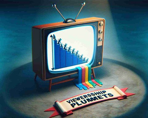 Representation of a symbolic scene portraying a television channel going through a tough phase, symbolised by a decreasing graph on a TV screen. A banner below displays the text 'Viewership Plummets'