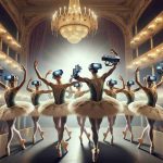 High Definition image depicting a revolutionary moment in ballet where virtual reality technology dramatically enters the spotlight. The scene should encompass both traditional elements of ballet such as performers with elegant tutus and ballet shoes, and modern elements such as advanced VR equipment including goggles and gloves, handled skillfully by the dancers on a grand stage. The theatrical atmosphere should also be highlighted, with the gleaming spotlights and the awe-struck audience gazing upon this revolutionary intersection of classical ballet and modern technology.