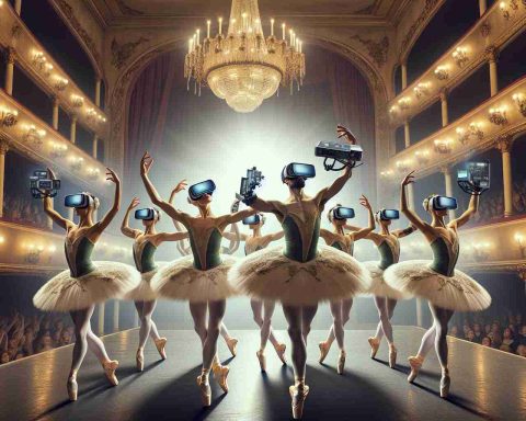 High Definition image depicting a revolutionary moment in ballet where virtual reality technology dramatically enters the spotlight. The scene should encompass both traditional elements of ballet such as performers with elegant tutus and ballet shoes, and modern elements such as advanced VR equipment including goggles and gloves, handled skillfully by the dancers on a grand stage. The theatrical atmosphere should also be highlighted, with the gleaming spotlights and the awe-struck audience gazing upon this revolutionary intersection of classical ballet and modern technology.