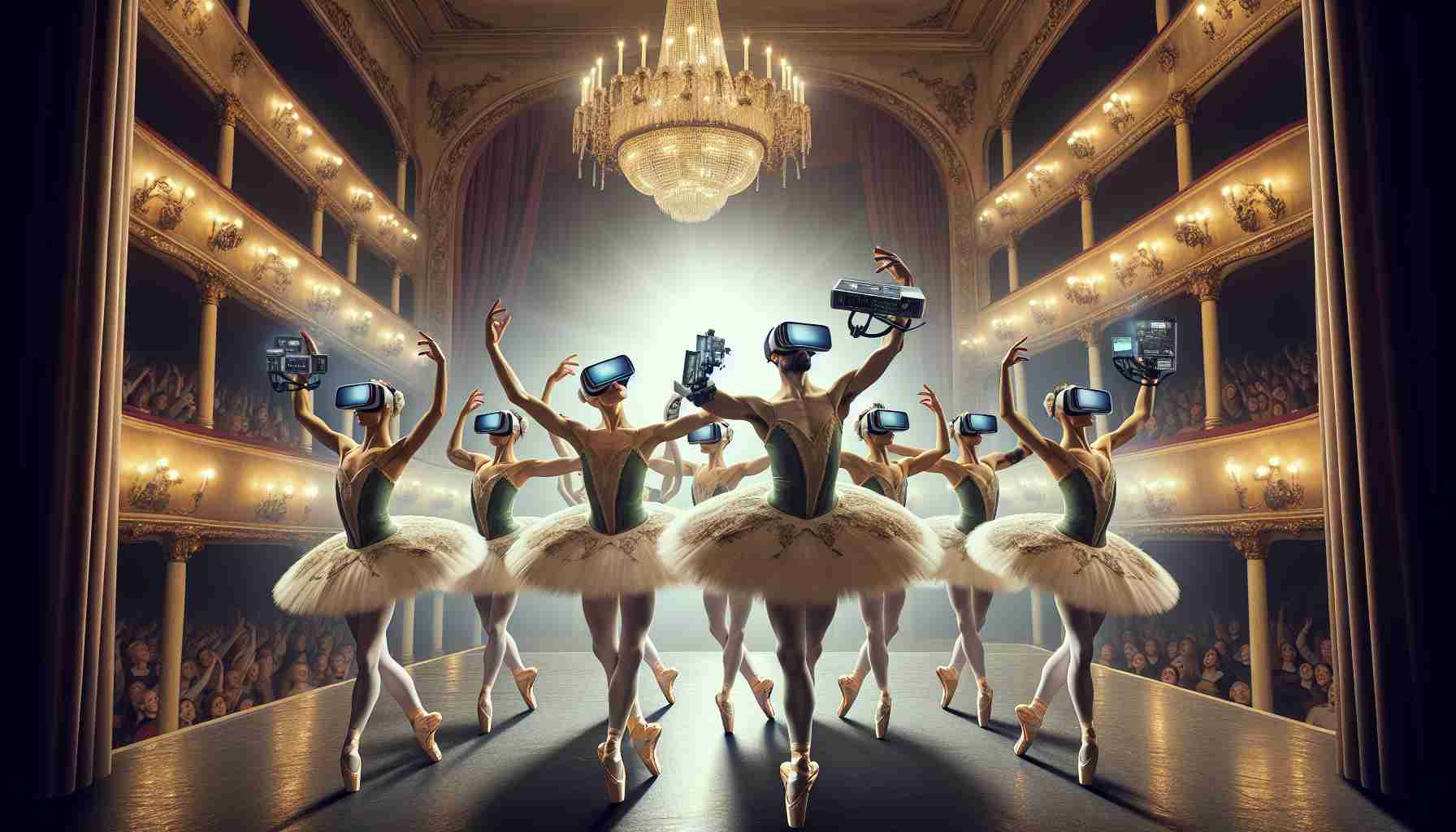 High Definition image depicting a revolutionary moment in ballet where virtual reality technology dramatically enters the spotlight. The scene should encompass both traditional elements of ballet such as performers with elegant tutus and ballet shoes, and modern elements such as advanced VR equipment including goggles and gloves, handled skillfully by the dancers on a grand stage. The theatrical atmosphere should also be highlighted, with the gleaming spotlights and the awe-struck audience gazing upon this revolutionary intersection of classical ballet and modern technology.