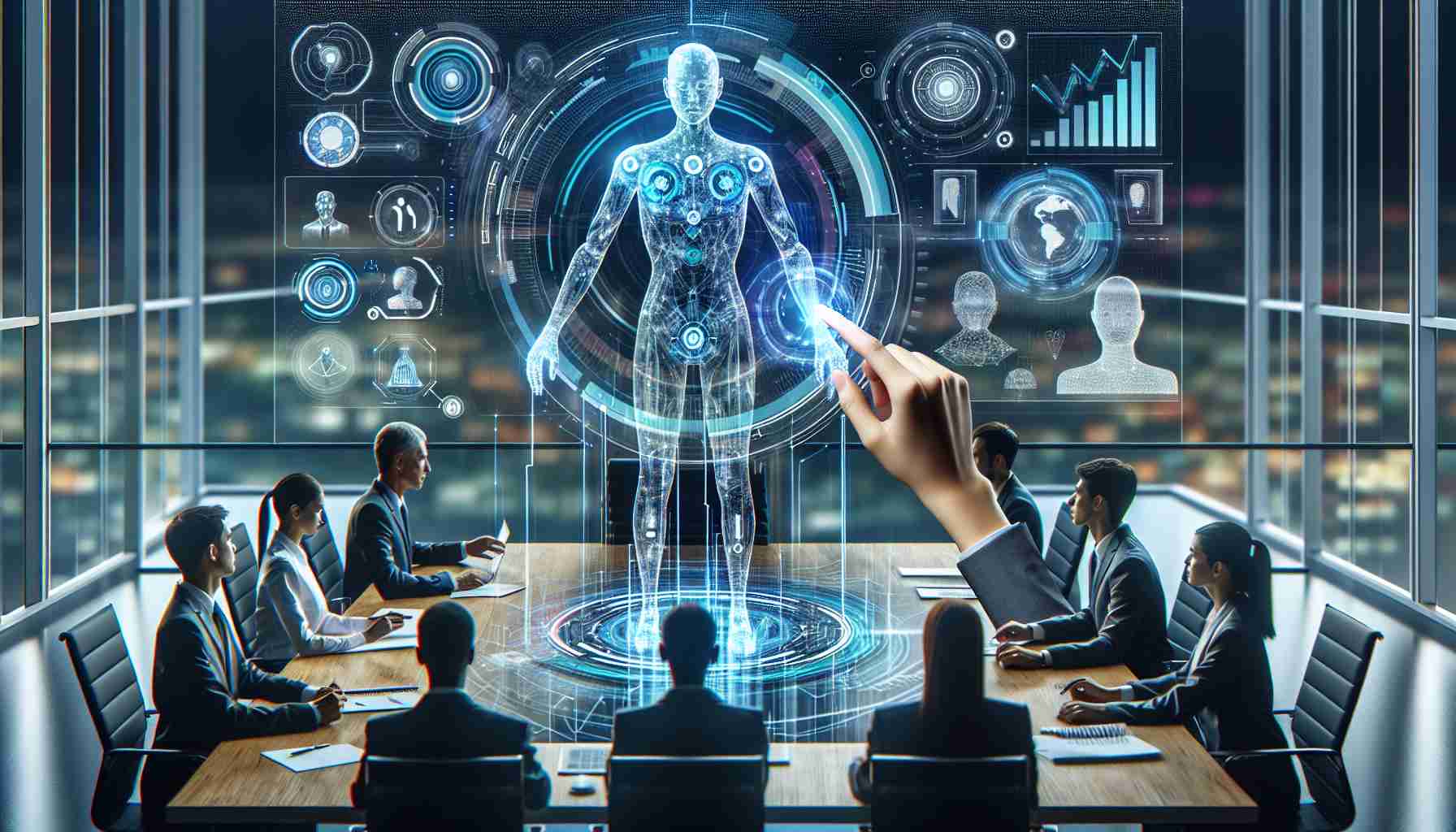 Generate a high-definition, realistic image depicting the future of leadership with technology-driven governance. Convey this through visual elements such as a diverse group of individuals working together on a transparent holographic screen with futuristic tech tools, artificial intelligence guiding decision-making, and digital data visualization replacing traditional charts and graphs.