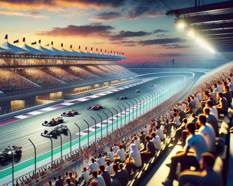 Create a high-definition, realistic image capturing the exhilarating atmosphere of a 2024 Grand Prix car race held in Qatar. Visualize the scene with high speed performance cars whirring past the stands loaded with cheering spectators. Integrate elements unique to Qatar, such as the architectural design of the racetrack area and the national flag. Be mindful to include the captivating sunset view, track lighting, and intricate aerodynamics of the race cars, for that grand sense of adrenaline-filled anticipation and excitement. Note: There are no direct references to any specific individuals in this scene.