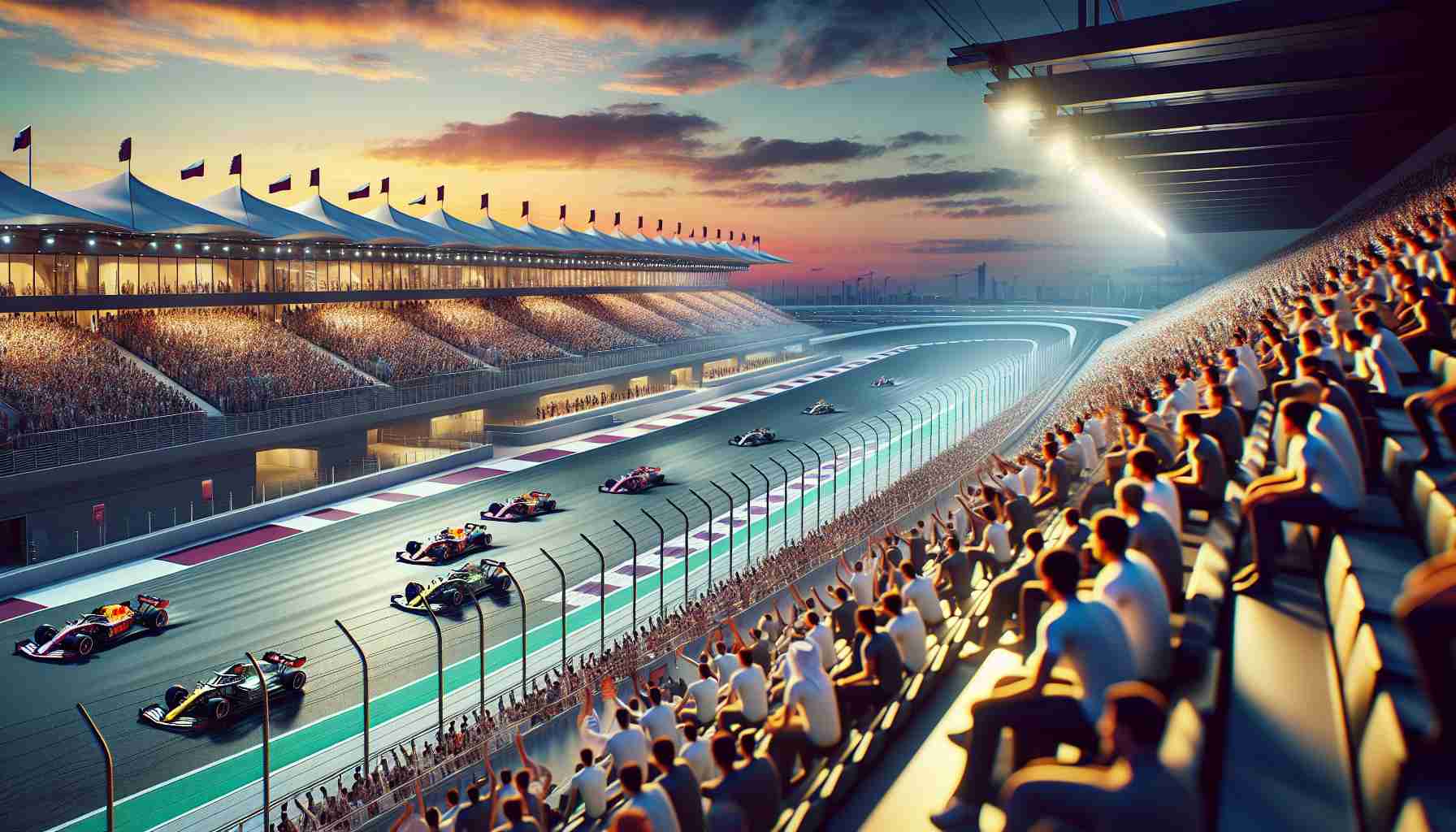 Create a high-definition, realistic image capturing the exhilarating atmosphere of a 2024 Grand Prix car race held in Qatar. Visualize the scene with high speed performance cars whirring past the stands loaded with cheering spectators. Integrate elements unique to Qatar, such as the architectural design of the racetrack area and the national flag. Be mindful to include the captivating sunset view, track lighting, and intricate aerodynamics of the race cars, for that grand sense of adrenaline-filled anticipation and excitement. Note: There are no direct references to any specific individuals in this scene.