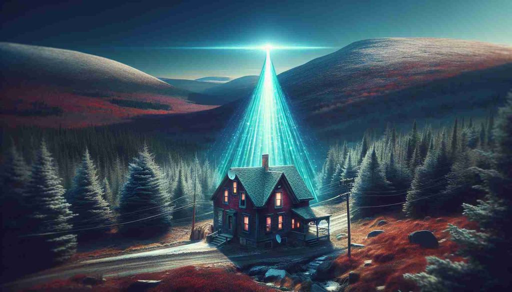 Create a detailed, high-definition image that represents the revolutionary change in internet access for rural homes in Maine. Capture the excitement and potential of this significant development. Perhaps show a traditional, rustic Maine home, surrounded by vast, untouched wilderness to indicate the rural backdrop. Beam a vibrant, glowing signal, symbolic of the robust and high-speed internet, reaching this remote home. Also, represent the transformative impact it could have on the inhabitants' lives, maybe through signs indicating increased connectivity to education, remote work opportunities or social media. Evoke a feeling of anticipation for the game-changing impact.