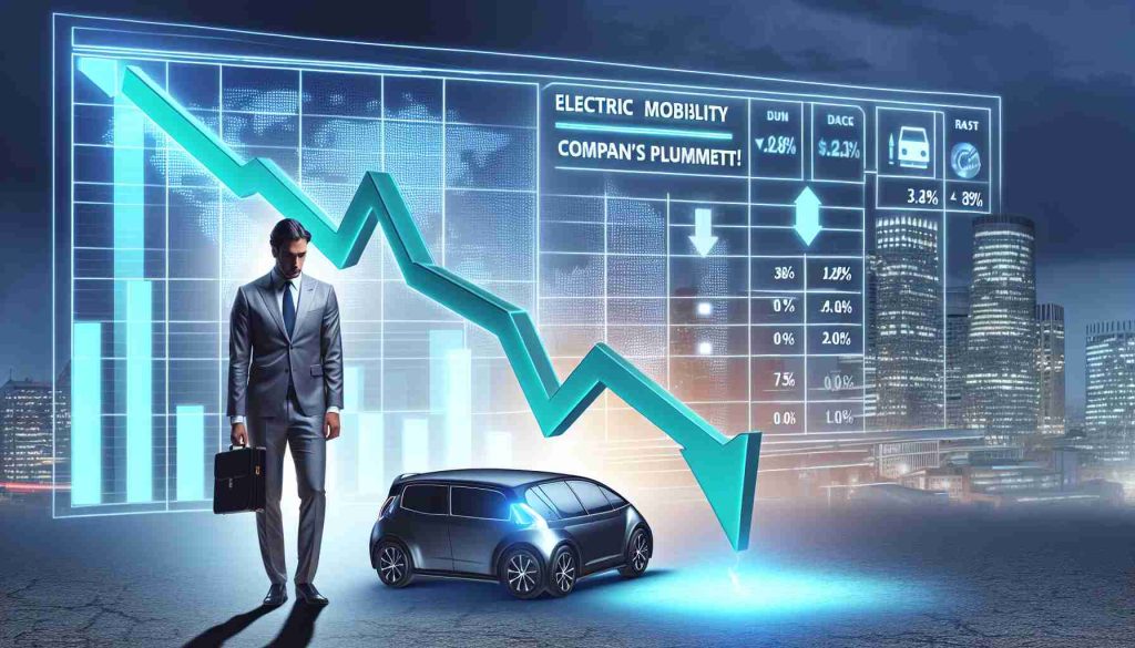 Create a realistic HD image which portrays the concept of dropping shares, represented symbolically using a downward graph. There is an emphasis on the 'mobile electric vehicle industry' to add context to the scenario. Add a bold headline that says: 'Electric Mobility Company’s Shares Plummet! Is This the Start of a Downward Spiral?'