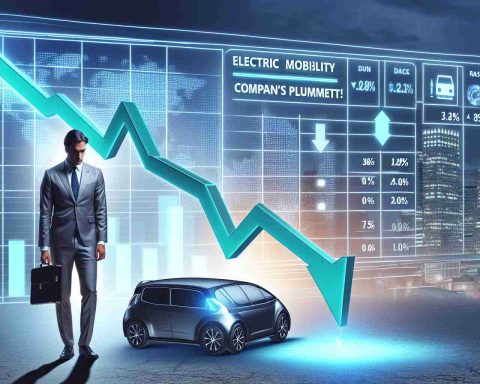 Create a realistic HD image which portrays the concept of dropping shares, represented symbolically using a downward graph. There is an emphasis on the 'mobile electric vehicle industry' to add context to the scenario. Add a bold headline that says: 'Electric Mobility Company’s Shares Plummet! Is This the Start of a Downward Spiral?'