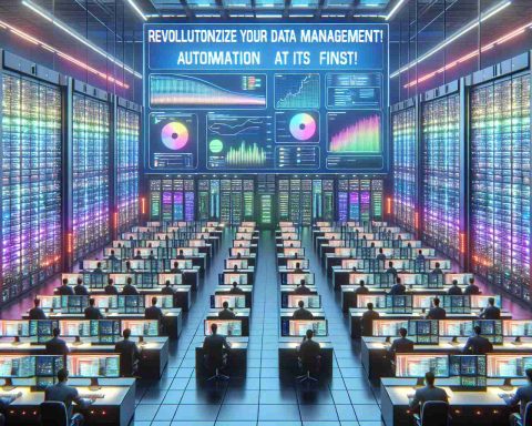 A high-definition, realistic depiction of data management revolutionized through automation. Envision an orderly setting with rows of high-tech servers, all humming in sync with multicolored lights. Screens display real-time data flow, charts, and graphs - a testament to efficient automation. Human interaction is minimal, with only a few engineers maintaining the servers, programming, and overseeing operations. A large banner in the background proclaims 'Revolutionize Your Data Management! Automation at Its Finest'. This advanced, streamlined system provides a futuristic ideal for data management.