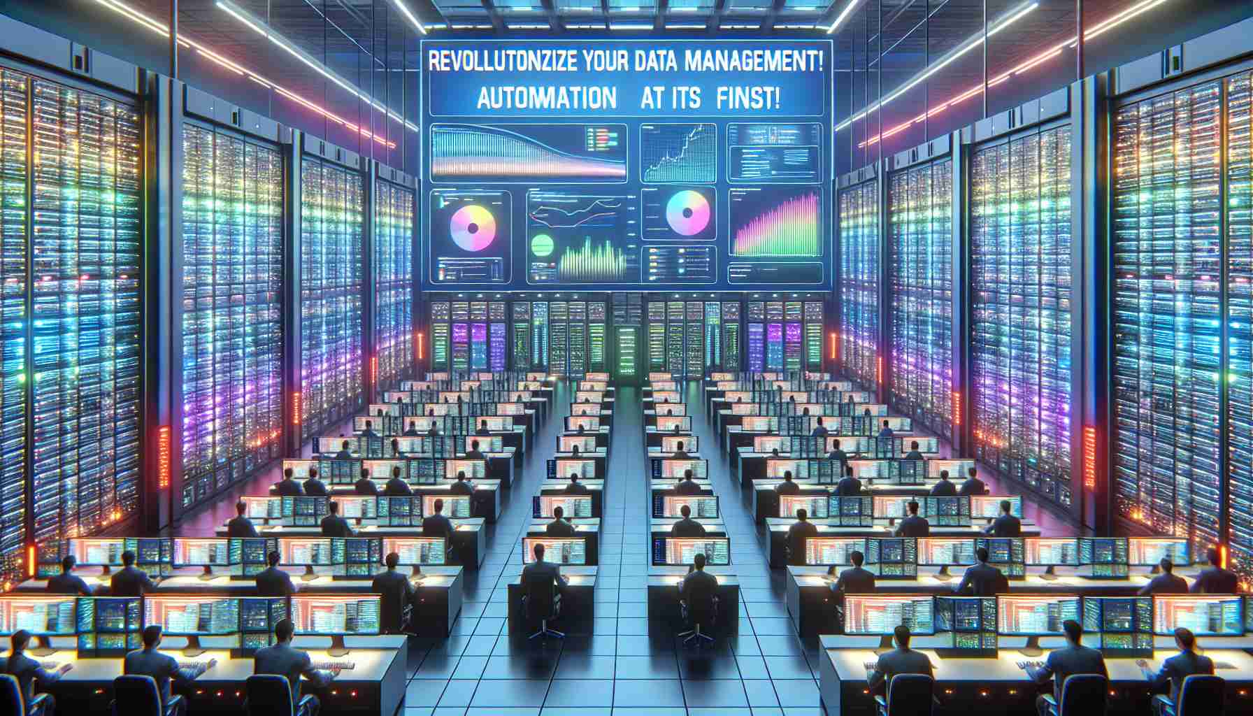 A high-definition, realistic depiction of data management revolutionized through automation. Envision an orderly setting with rows of high-tech servers, all humming in sync with multicolored lights. Screens display real-time data flow, charts, and graphs - a testament to efficient automation. Human interaction is minimal, with only a few engineers maintaining the servers, programming, and overseeing operations. A large banner in the background proclaims 'Revolutionize Your Data Management! Automation at Its Finest'. This advanced, streamlined system provides a futuristic ideal for data management.