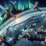 A detailed, high-definition digital representation portraying the future of global connectivity. Part of this scene depicts a network of satellites cirroring the vision of OneWeb, immense coverage symbolizing how it's revolutionizing global communication. The view is from space, overlooking the Earth with various continents discernible, the aurora borealis gracefully veiling over the North Pole, and these satellites encompassing the globe, manifesting a web of invisible links. Fiber optic waves are suggested to symbolize the transmission of data. Shimmers of light imply nodes where these satellites are connecting with ground-based stations.