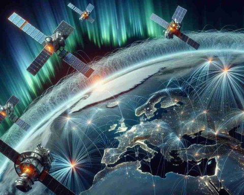 A detailed, high-definition digital representation portraying the future of global connectivity. Part of this scene depicts a network of satellites cirroring the vision of OneWeb, immense coverage symbolizing how it's revolutionizing global communication. The view is from space, overlooking the Earth with various continents discernible, the aurora borealis gracefully veiling over the North Pole, and these satellites encompassing the globe, manifesting a web of invisible links. Fiber optic waves are suggested to symbolize the transmission of data. Shimmers of light imply nodes where these satellites are connecting with ground-based stations.