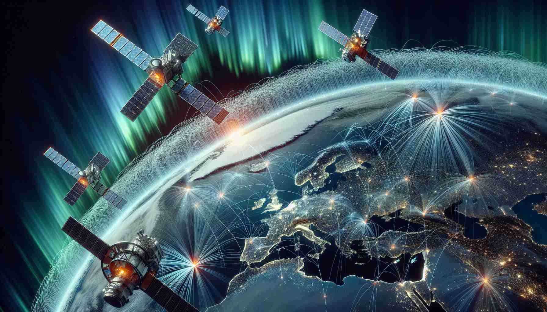 A detailed, high-definition digital representation portraying the future of global connectivity. Part of this scene depicts a network of satellites cirroring the vision of OneWeb, immense coverage symbolizing how it's revolutionizing global communication. The view is from space, overlooking the Earth with various continents discernible, the aurora borealis gracefully veiling over the North Pole, and these satellites encompassing the globe, manifesting a web of invisible links. Fiber optic waves are suggested to symbolize the transmission of data. Shimmers of light imply nodes where these satellites are connecting with ground-based stations.