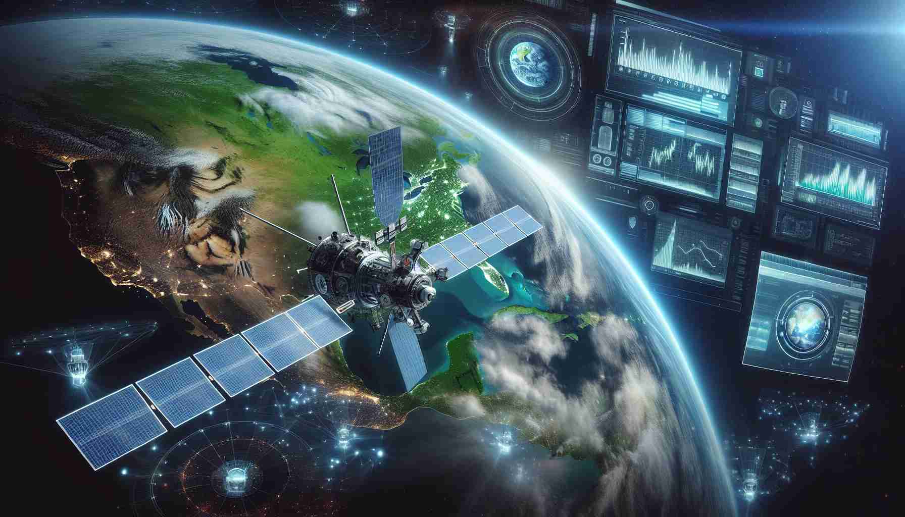 A high-definition, realistic image of revolutionary, advanced satellites specifically designed to transform the monitoring of carbon emissions. The satellites should be shown circling planet Earth in outer space, with the Earth's lush, green landscapes and deep, blue oceans in view. Various graphical interfaces and holographic displays depicting data on carbon emissions should surround the satellites. The art should communicate the breakthrough scientific development allowing a leap forward in environmental management and protection.