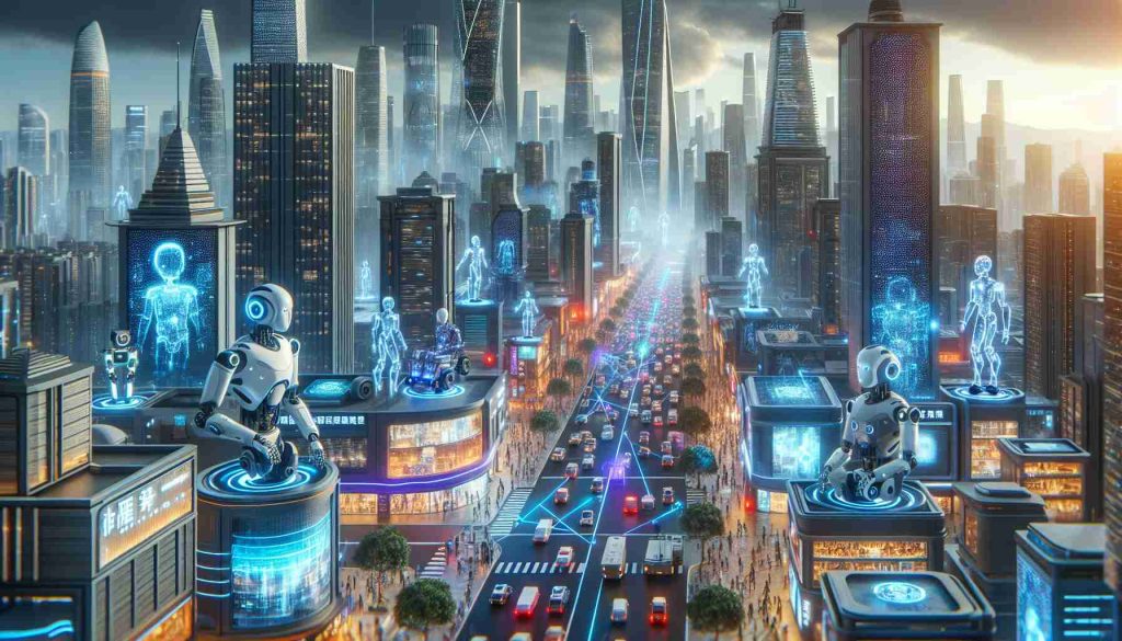 A high-definition image showcasing a futuristic city in China during its robotics revolution. Skyscrapers tower over bustling streets filled with autonomous vehicles. The scene features various advanced humanoid robots in differing functions such as service, law enforcement, and construction. Additionally, artificial intelligence centres are links of glowing neon dots. The city is alive with the pulse of advanced technology, showcasing China's leadership in robotic technology.