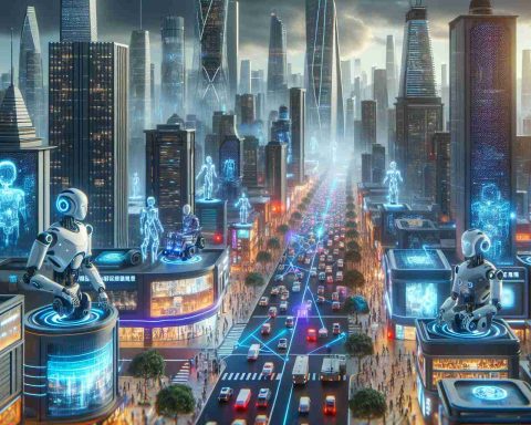 A high-definition image showcasing a futuristic city in China during its robotics revolution. Skyscrapers tower over bustling streets filled with autonomous vehicles. The scene features various advanced humanoid robots in differing functions such as service, law enforcement, and construction. Additionally, artificial intelligence centres are links of glowing neon dots. The city is alive with the pulse of advanced technology, showcasing China's leadership in robotic technology.