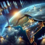 Create a highly detailed and realistic image portraying the race to establish satellite internet in India. It's 2024 and the major players in the field are gearing up for a competitive battle. Show multiple satellites in the vast expanse of space, with Earth clearly recognizable in the background. Depict India glowing brightly emphasizing the significance and potential of this event. SEO's are all set with their strategies, Teams are preparing for the launch of their satellites, and clouds of excitement and anticipation hang in the air.