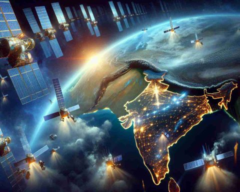 Create a highly detailed and realistic image portraying the race to establish satellite internet in India. It's 2024 and the major players in the field are gearing up for a competitive battle. Show multiple satellites in the vast expanse of space, with Earth clearly recognizable in the background. Depict India glowing brightly emphasizing the significance and potential of this event. SEO's are all set with their strategies, Teams are preparing for the launch of their satellites, and clouds of excitement and anticipation hang in the air.