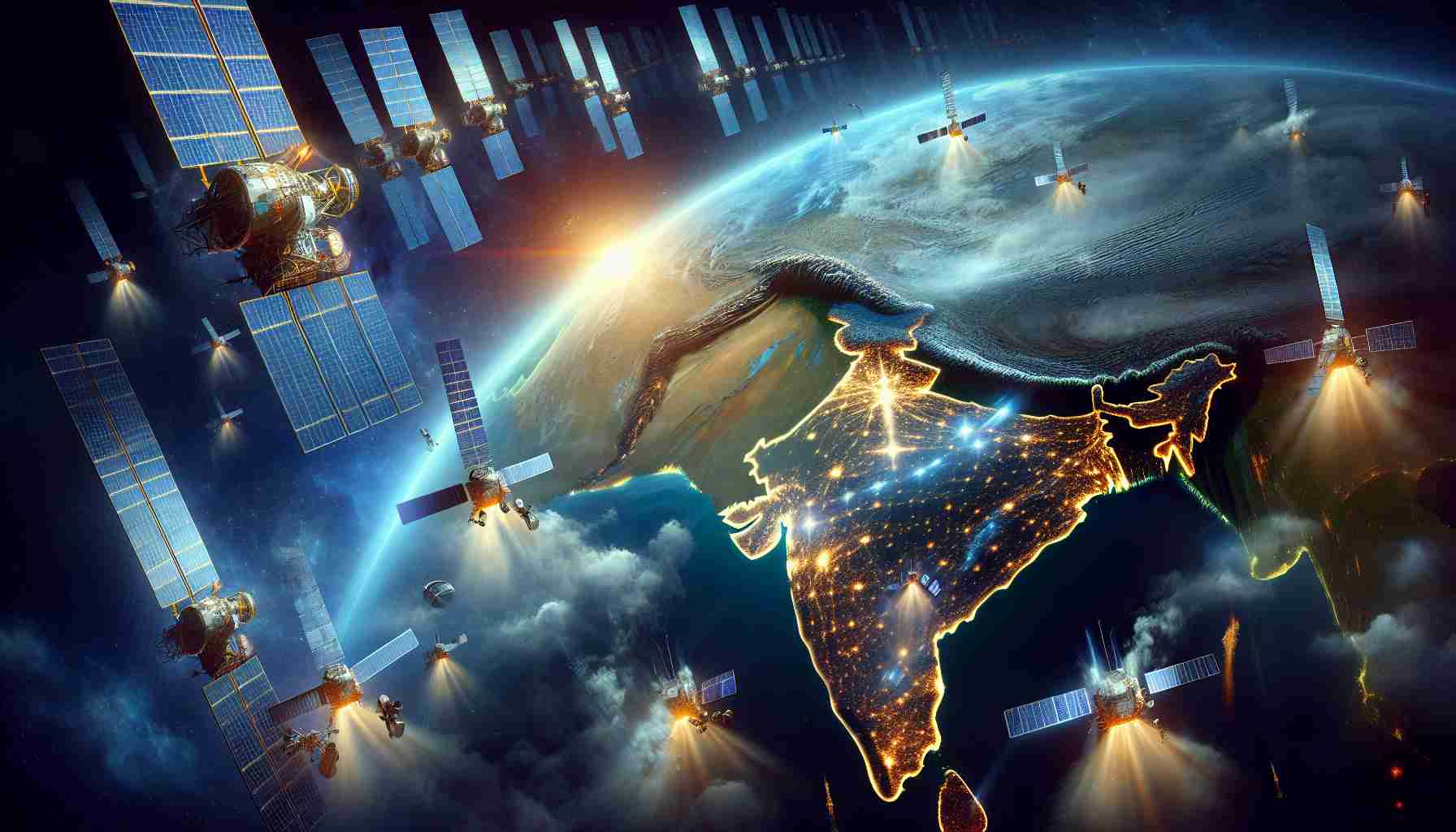 Create a highly detailed and realistic image portraying the race to establish satellite internet in India. It's 2024 and the major players in the field are gearing up for a competitive battle. Show multiple satellites in the vast expanse of space, with Earth clearly recognizable in the background. Depict India glowing brightly emphasizing the significance and potential of this event. SEO's are all set with their strategies, Teams are preparing for the launch of their satellites, and clouds of excitement and anticipation hang in the air.