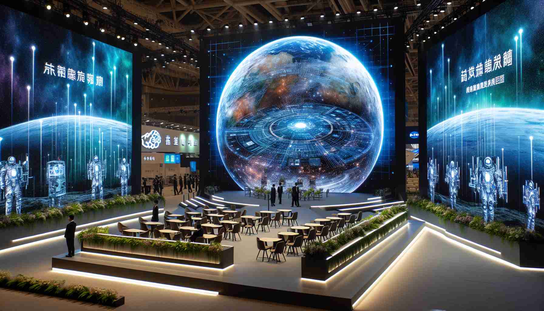 A photo-realistic, high-definition image of a prominent technology company's exhibit taking center stage at a premier space technology conference in Taiwan. The display should be futuristic and captivating, showcasing advanced technology related to space exploration and research.