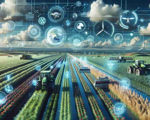 High-definition realistic depiction of the impact of artificial intelligence (AI) on agriculture. Visualize expansive farms with state-of-the-art machinery optimizing harvest yield, drone technology monitoring crop health, and data analysis predicting weather patterns for farming. Conceptualize the image in such a way that it subtly questions if these advancements could indeed be the solution to the worldwide food shortage crisis.