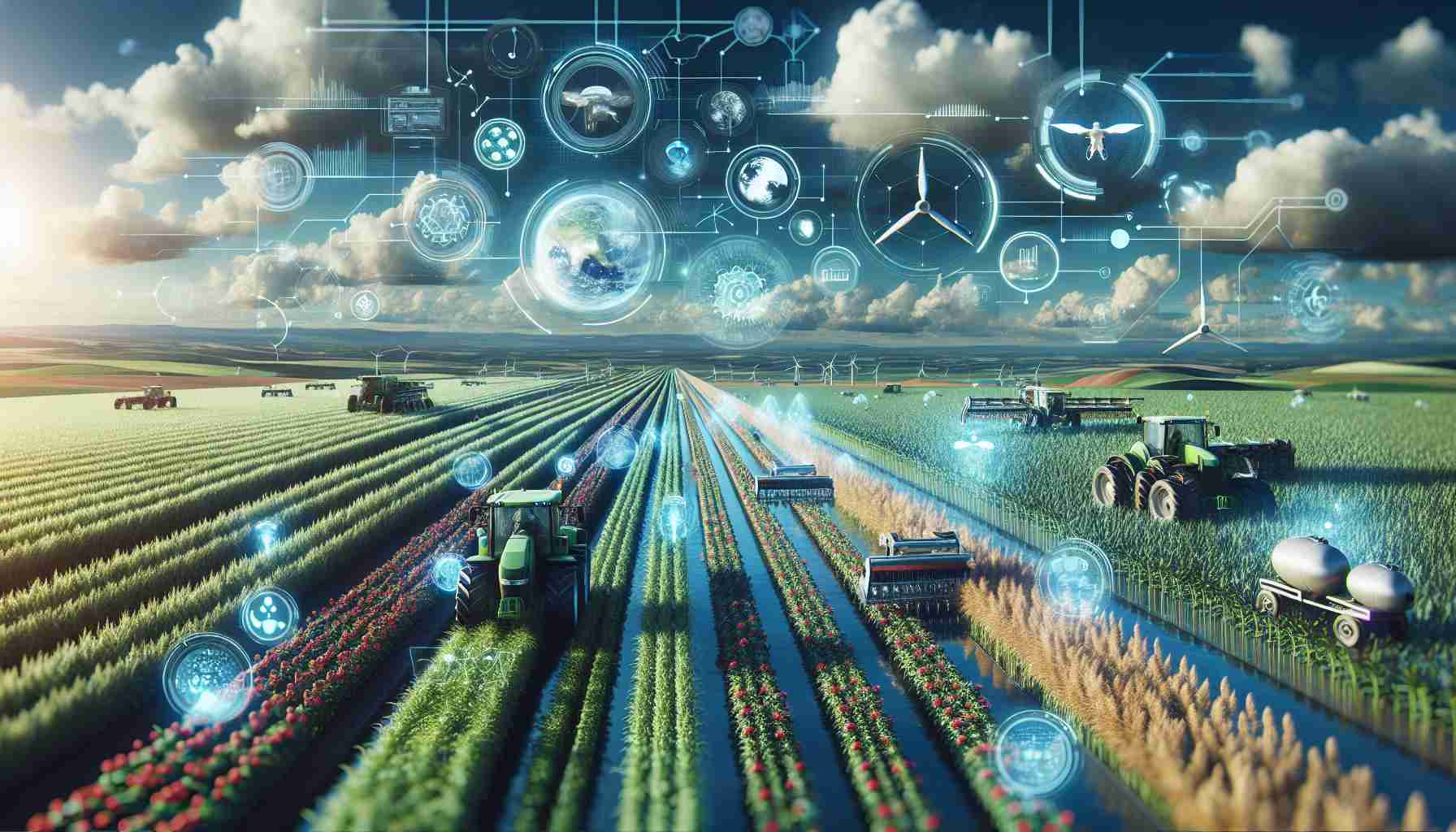 High-definition realistic depiction of the impact of artificial intelligence (AI) on agriculture. Visualize expansive farms with state-of-the-art machinery optimizing harvest yield, drone technology monitoring crop health, and data analysis predicting weather patterns for farming. Conceptualize the image in such a way that it subtly questions if these advancements could indeed be the solution to the worldwide food shortage crisis.