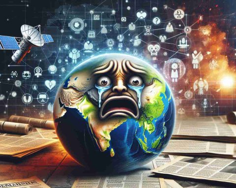 An HD photorealistic illustration depicting distressed or shocked emotional expressions on a map or globe focusing on India. Supplemental visual elements include symbols or icons representing satellite technology like Starlink. Accompany the image with partially obscured newspaper articles discussing significant developments in satellite communication.