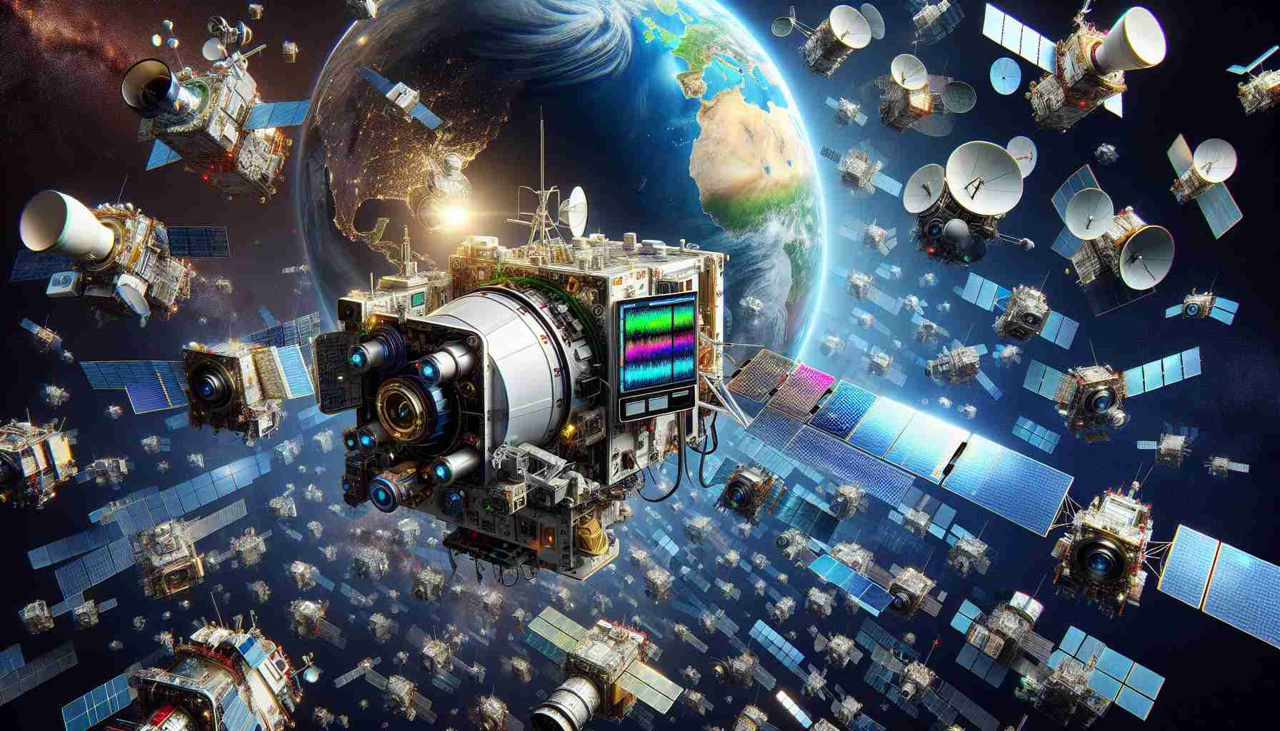 An highly detailed, realistic photograph depicting the thriving industry of remote sensing satellites. The image showcases a multitude of these high-tech machines in orbit around the Earth, capturing critical data from our planet from high above. One could see different types of satellites equipped with various sensors, their operational intricacies visible in stunning detail. The Earth is seen in the background, a beautiful blue sphere hanging in the vastness of space. Various spectral bands depicted on their monitors provide the viewer with a sense of the vast range of information they are capable of gathering.