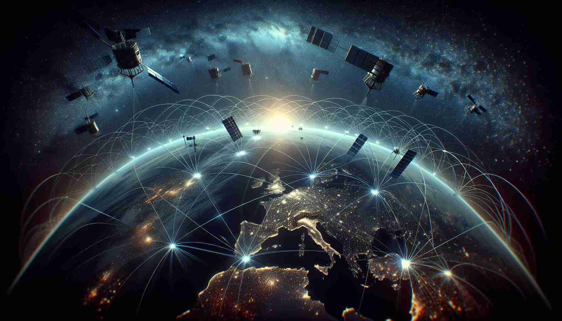 Create a realistic, high-definition image of a futuristic revolution in global internet coverage, symbolized by a constellation of satellites orbiting the earth. The scene includes the silhouette of the earth against the starry cosmos, highlighted by interconnected satellites forming a network around it, indicating a significant leap in global connectivity. The vision is forward-thinking, pushing beyond the current technologies and aiming to revolutionize the way we perceive and utilize internet connectivity on a global scale.