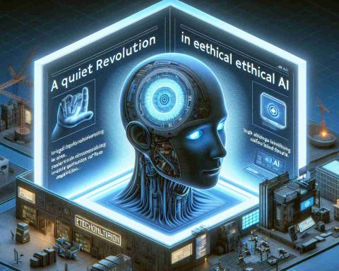 An illustrative image that highlights the concept of a quiet revolution in Ethical AI, symbolized by a technological company. It should also hint at the unveiling of future implications. Render this image in a realistic HD style.