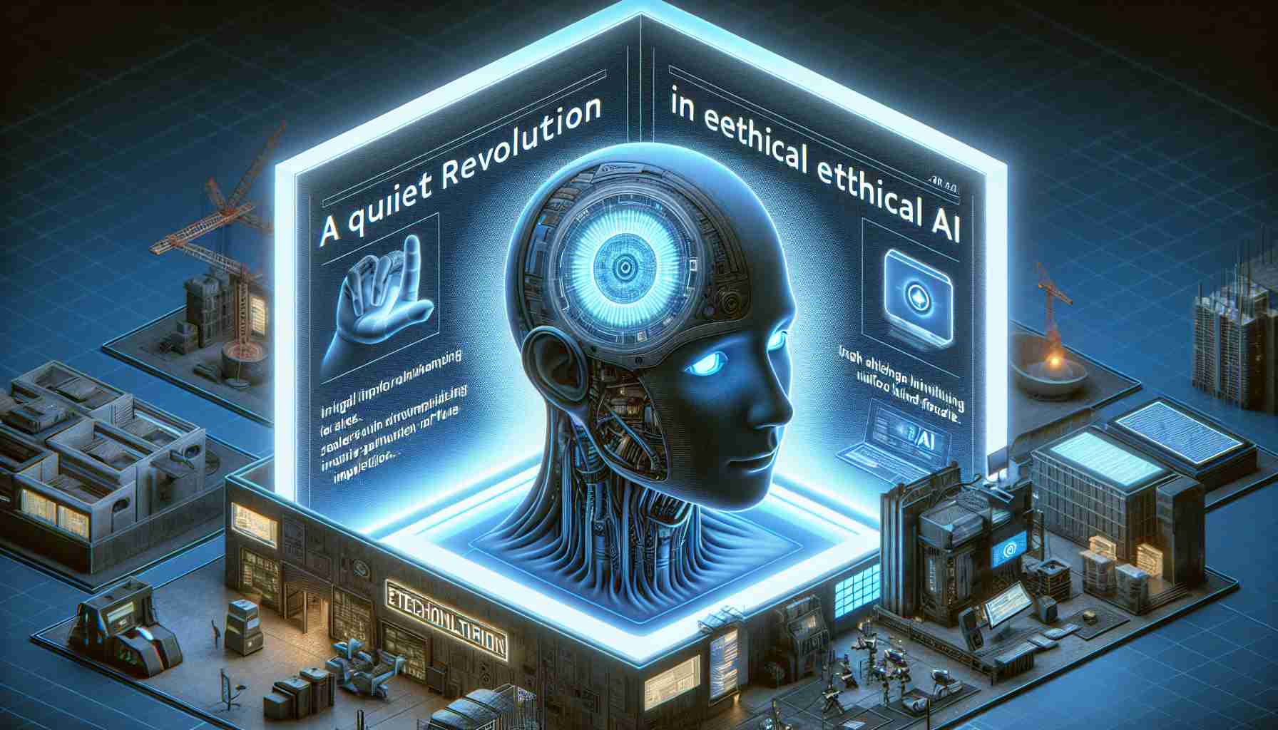 An illustrative image that highlights the concept of a quiet revolution in Ethical AI, symbolized by a technological company. It should also hint at the unveiling of future implications. Render this image in a realistic HD style.