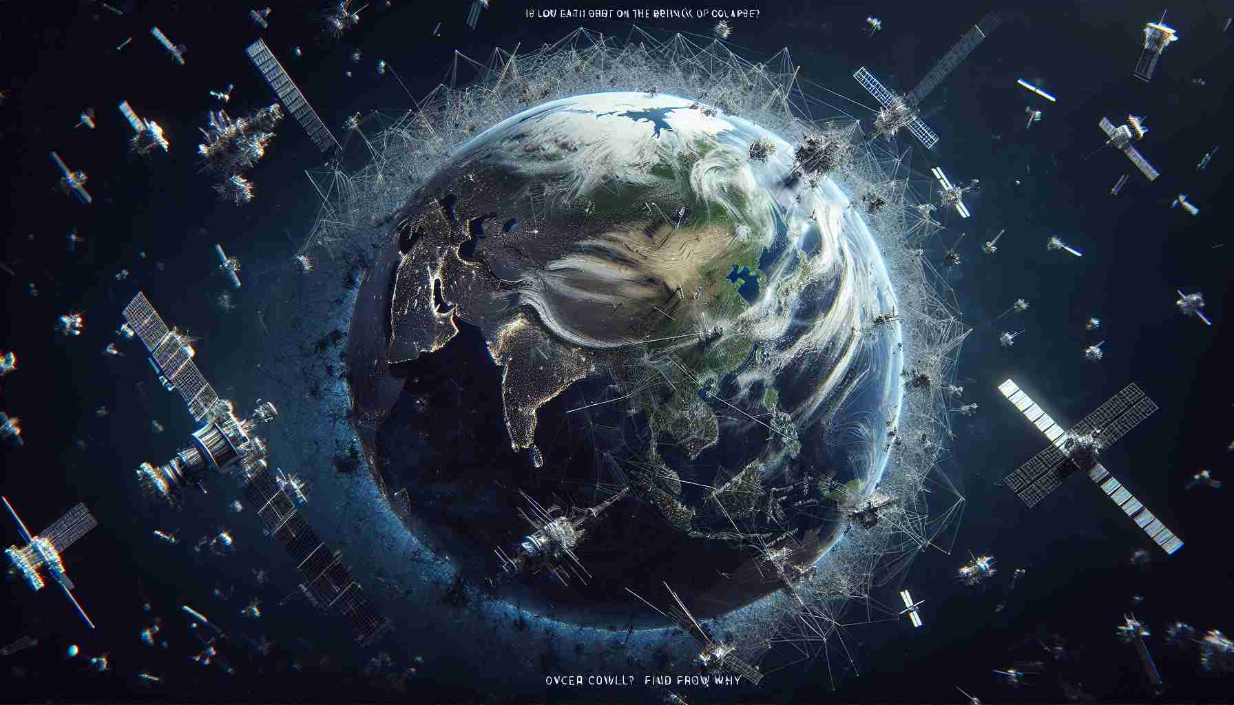 A highly detailed and realistic image showcasing the concept of Low Earth Orbit potentially being on the brink of collapse. The scene should depict the globe of Earth as viewed from space, surrounded by an intricate network of satellites and debris. The overall atmosphere should convey a sense of looming danger and instability. The title 'Is Low Earth Orbit on the Brink of Collapse? Find Out Why' should be prominently displayed.