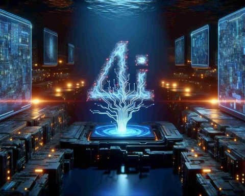 A realistic high-definition image of a futuristic scene depicting the concepts of Artificial Intelligence and dominance. The scene should include a prominent deep-sea environment, symbolically representing a 'Deep Dive'. Emerging from the depths, an abstract representation of a leading technology company's logo, crafted from glowing, neon circuits. Surrounding this, various holographic screens displaying complex algorithms and code to signify the ongoing growth and innovation in the field of AI. Notably exclude any direct reference to specific companies or logos.