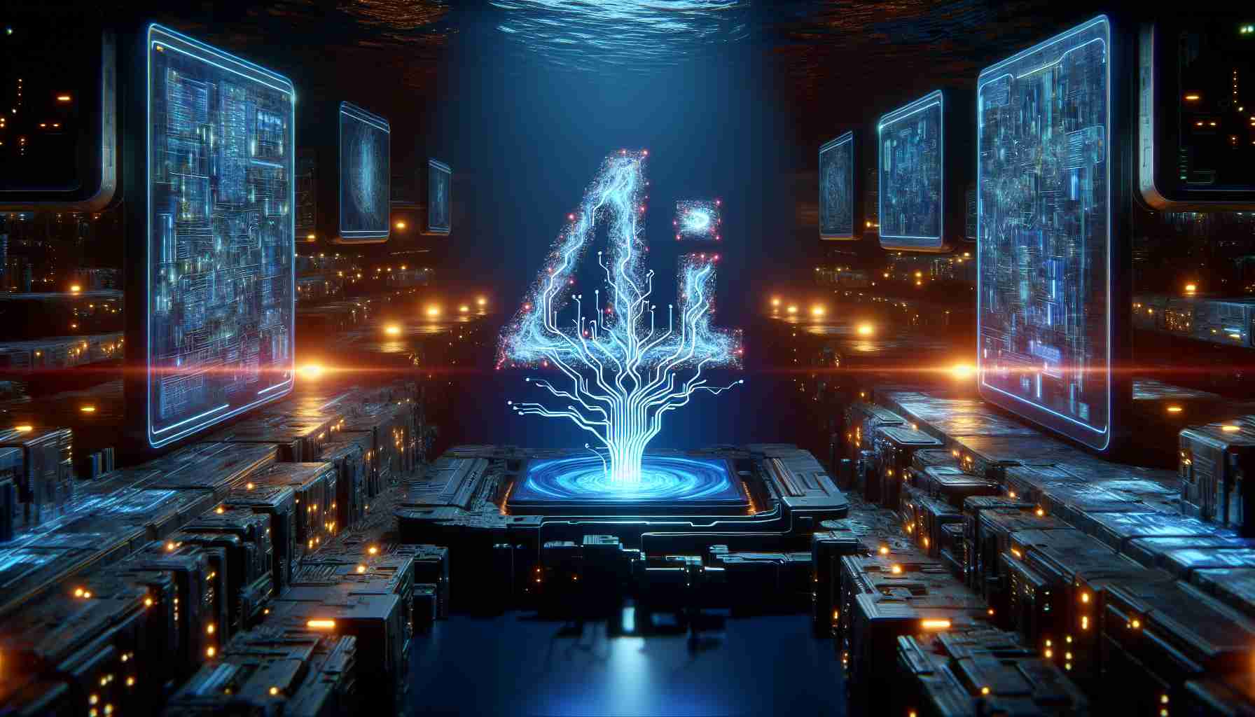 A realistic high-definition image of a futuristic scene depicting the concepts of Artificial Intelligence and dominance. The scene should include a prominent deep-sea environment, symbolically representing a 'Deep Dive'. Emerging from the depths, an abstract representation of a leading technology company's logo, crafted from glowing, neon circuits. Surrounding this, various holographic screens displaying complex algorithms and code to signify the ongoing growth and innovation in the field of AI. Notably exclude any direct reference to specific companies or logos.