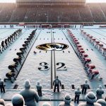 Render a high-definition, realistic image of a chilly sports showdown. Visualize an American football field covered with frost and snow, the markings and boundaries outlined in bright colors against the white background. On one side, have a team wearing black and gold uniforms, symbolizing the 'Mizzou Tigers'. On the opposing side, visualize a team donned in cardinal red and white, epitomizing the 'Arkansas Razorbacks'. The players are in competitive stances, ready for the match to begin, their breaths visible in the icy air. The cheering spectators in the stand are bundled up warm, the excitement palpable despite the freezing temperature.