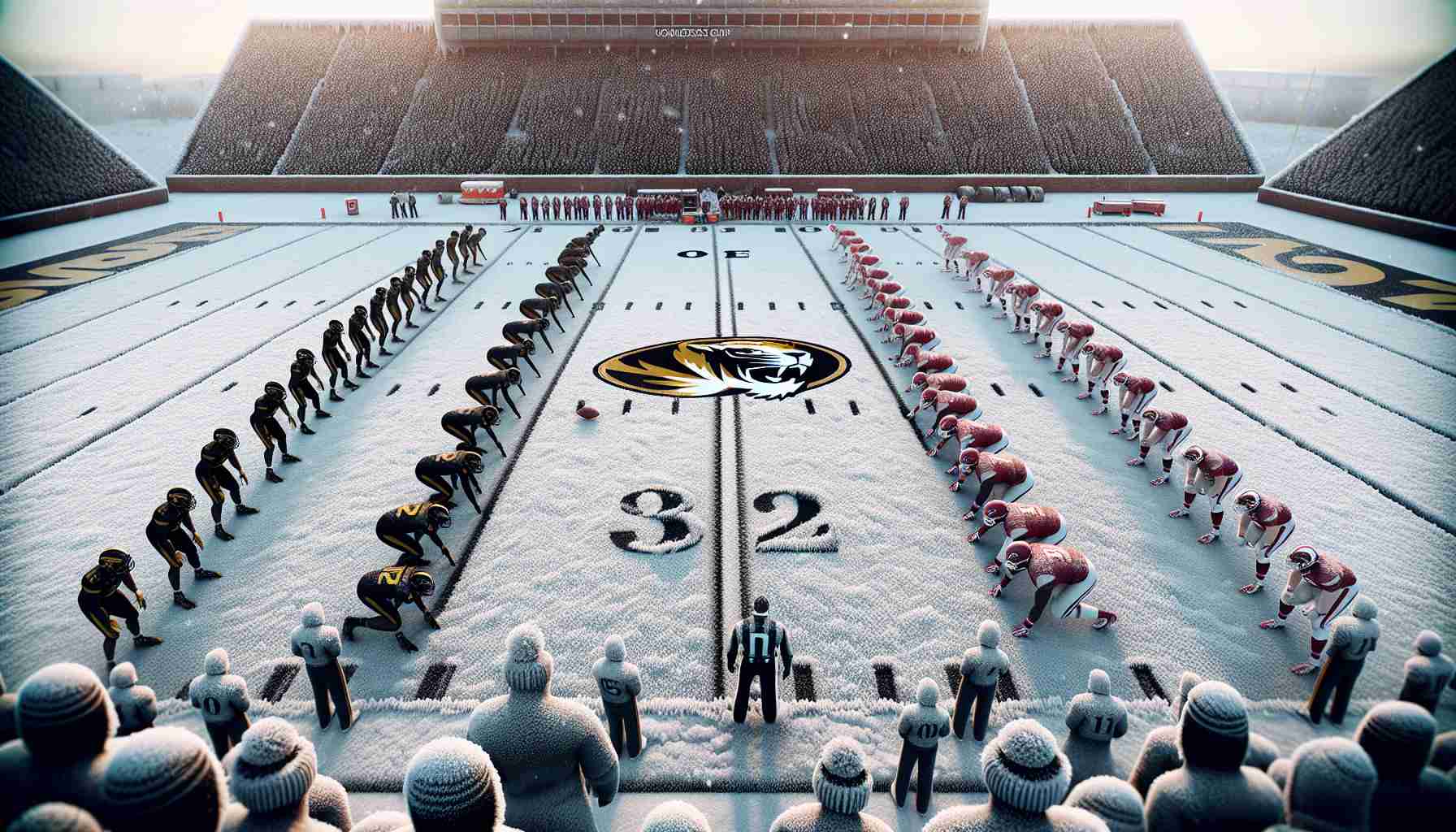 Render a high-definition, realistic image of a chilly sports showdown. Visualize an American football field covered with frost and snow, the markings and boundaries outlined in bright colors against the white background. On one side, have a team wearing black and gold uniforms, symbolizing the 'Mizzou Tigers'. On the opposing side, visualize a team donned in cardinal red and white, epitomizing the 'Arkansas Razorbacks'. The players are in competitive stances, ready for the match to begin, their breaths visible in the icy air. The cheering spectators in the stand are bundled up warm, the excitement palpable despite the freezing temperature.