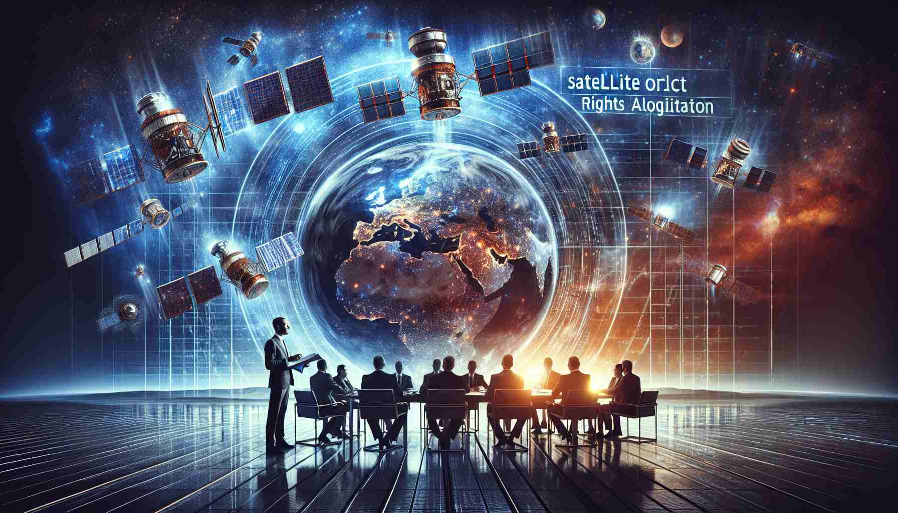 Generate a detailed HD image representing the concept of satellite orbit rights allocation. The image should include a dramatic sky with several satellites moving in different orbits, symbolizing competition for space. In the foreground, a group of people is in a serious discussion with a large map illuminated with potential orbits. Key words 'Satellite Orbit Rights Allocation' should be prominent, indicating a sense of urgency and importance. Also depict related elements such as legal documents or international flags to add the context of international cooperation.