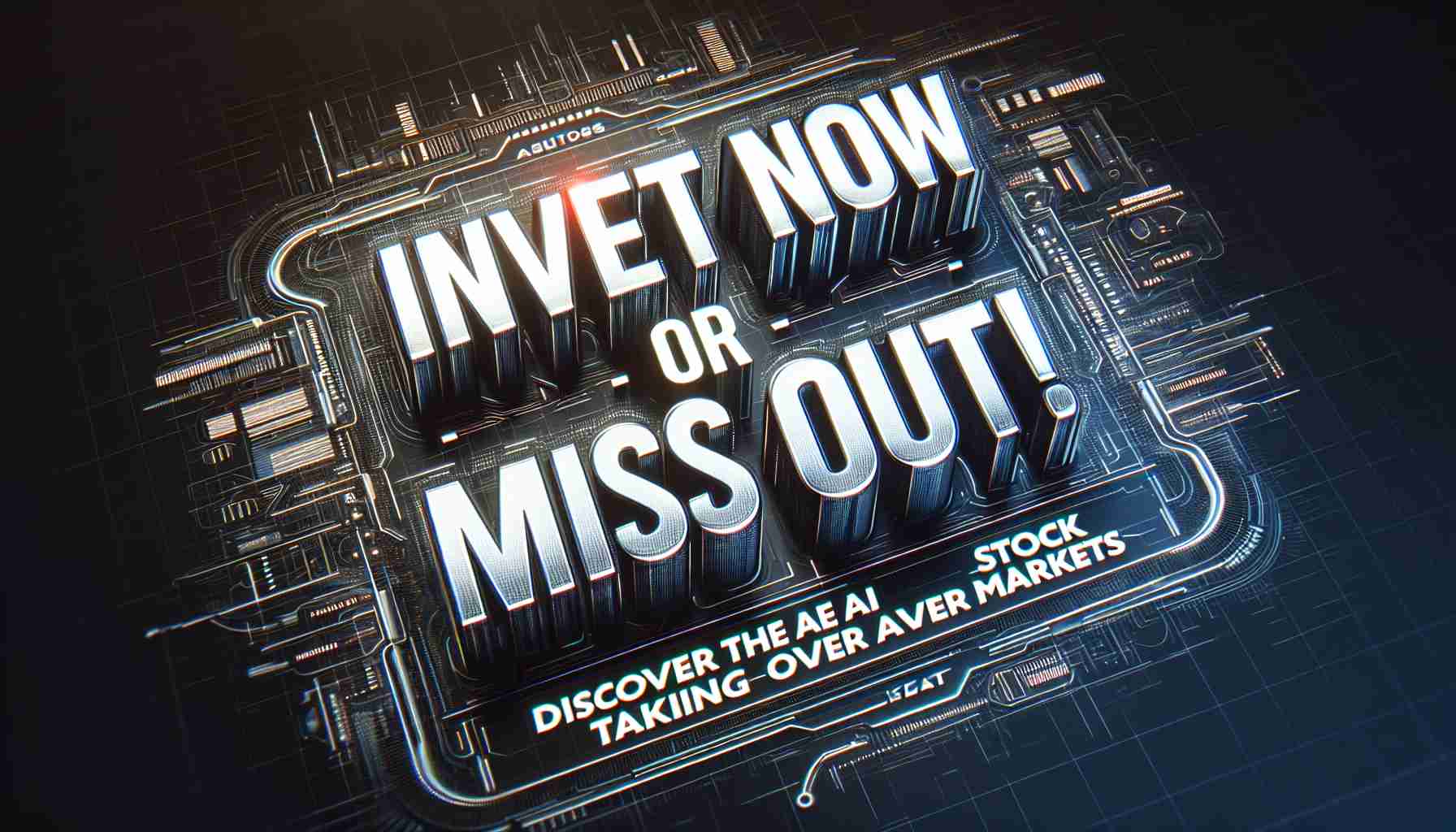 Generate a highly detailed and realistic HD image featuring the emphatic words 'Invest Now or Miss Out! Discover the AI Stock Taking Over Markets'. The text should flow in a compelling visual design, evoking urgency and excitement. Perhaps use an eye-catching futuristic background that suggests high-tech growth and AI presence in the financial market.