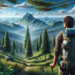 Realistic high definition image depicting the concept of modern backpacking in the vast beauty of the great outdoors. Picture a male hiker of an undetermined descent, along with clear blue skies overhead, towering verdant trees around, and a vista of majestic mountains in the distance. He is meticulously equipped with an up-to-date backpacking kit that could reflect the recommendations of an expert backpacker.