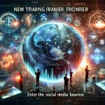 Create a high-definition, realistic image that depicts the concept of a 'New Trading Frontier', embodied by a social media platform. The image should include elements that reflect stock trading attributes, such as charts, graphs, stock tickers, and people engaged in trading. Also, incorporate elements symbolic of the social media platform, like icons or logos, in a way that doesn't reveal the explicit identity of the platform. The tagline 'Enter the Social Media Bourse' should be prominently displayed.