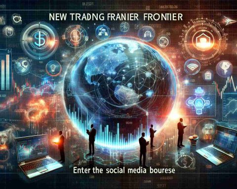 Create a high-definition, realistic image that depicts the concept of a 'New Trading Frontier', embodied by a social media platform. The image should include elements that reflect stock trading attributes, such as charts, graphs, stock tickers, and people engaged in trading. Also, incorporate elements symbolic of the social media platform, like icons or logos, in a way that doesn't reveal the explicit identity of the platform. The tagline 'Enter the Social Media Bourse' should be prominently displayed.