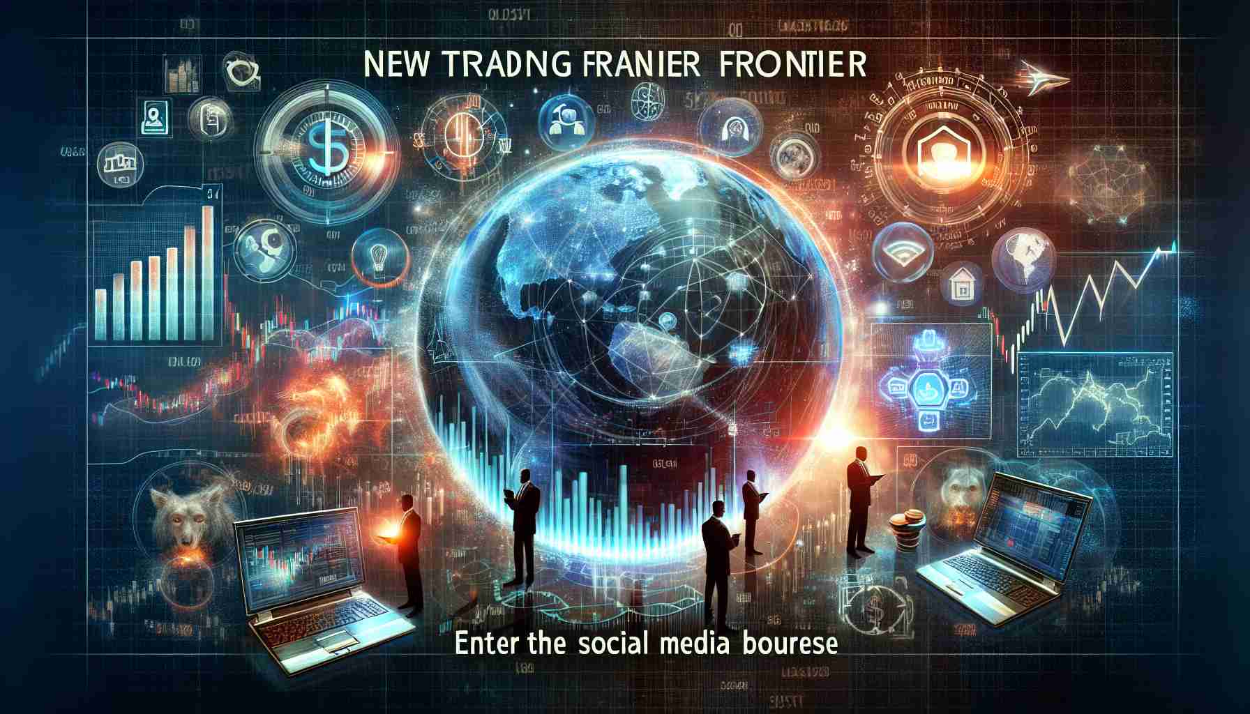 Create a high-definition, realistic image that depicts the concept of a 'New Trading Frontier', embodied by a social media platform. The image should include elements that reflect stock trading attributes, such as charts, graphs, stock tickers, and people engaged in trading. Also, incorporate elements symbolic of the social media platform, like icons or logos, in a way that doesn't reveal the explicit identity of the platform. The tagline 'Enter the Social Media Bourse' should be prominently displayed.