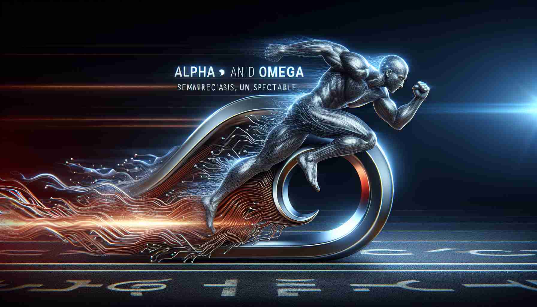 Visual representation of the concept 'Alpha and Omega Semiconductor' as a force that appears unstoppable, represented as racing momentum and strength that surpasses expectations in a realistic HD photo.