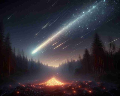 A realistic high-definition imagery depicting the striking event of an asteroid dazzling the sky of a region that could be anywhere in the world. The asteroid leaves a bright, star-streaked trail behind, adding a touch of magic to the night sky. Beneath this spectacle, the ground is littered with ashes, possibly from a recent bonfire, glowing gently in the starlight. Surrounding this scene is silent wilderness, illuminated by the cosmic ballet overhead, encapsulating a mesmerizing fusion of ashes and starlight.