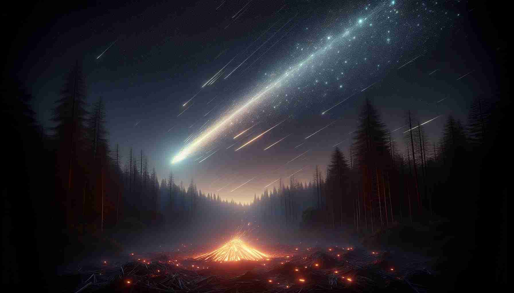 A realistic high-definition imagery depicting the striking event of an asteroid dazzling the sky of a region that could be anywhere in the world. The asteroid leaves a bright, star-streaked trail behind, adding a touch of magic to the night sky. Beneath this spectacle, the ground is littered with ashes, possibly from a recent bonfire, glowing gently in the starlight. Surrounding this scene is silent wilderness, illuminated by the cosmic ballet overhead, encapsulating a mesmerizing fusion of ashes and starlight.